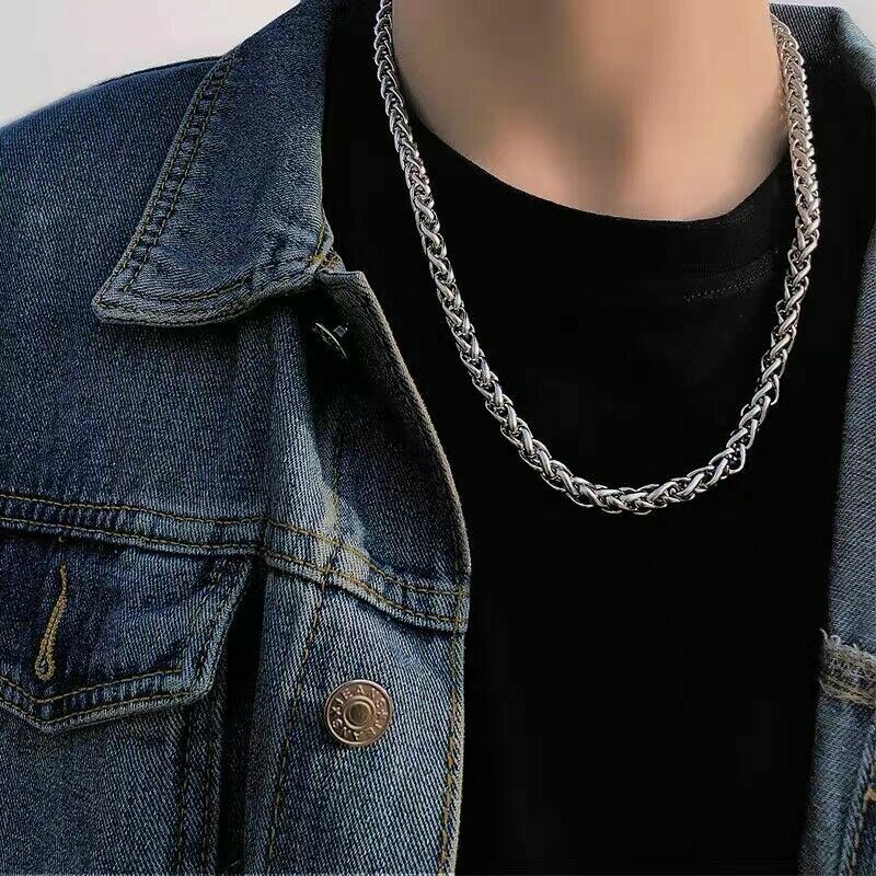 3/4/6/8mm Braided Wheat Round Spiga Chain Silver Stainless Steel Men Necklace