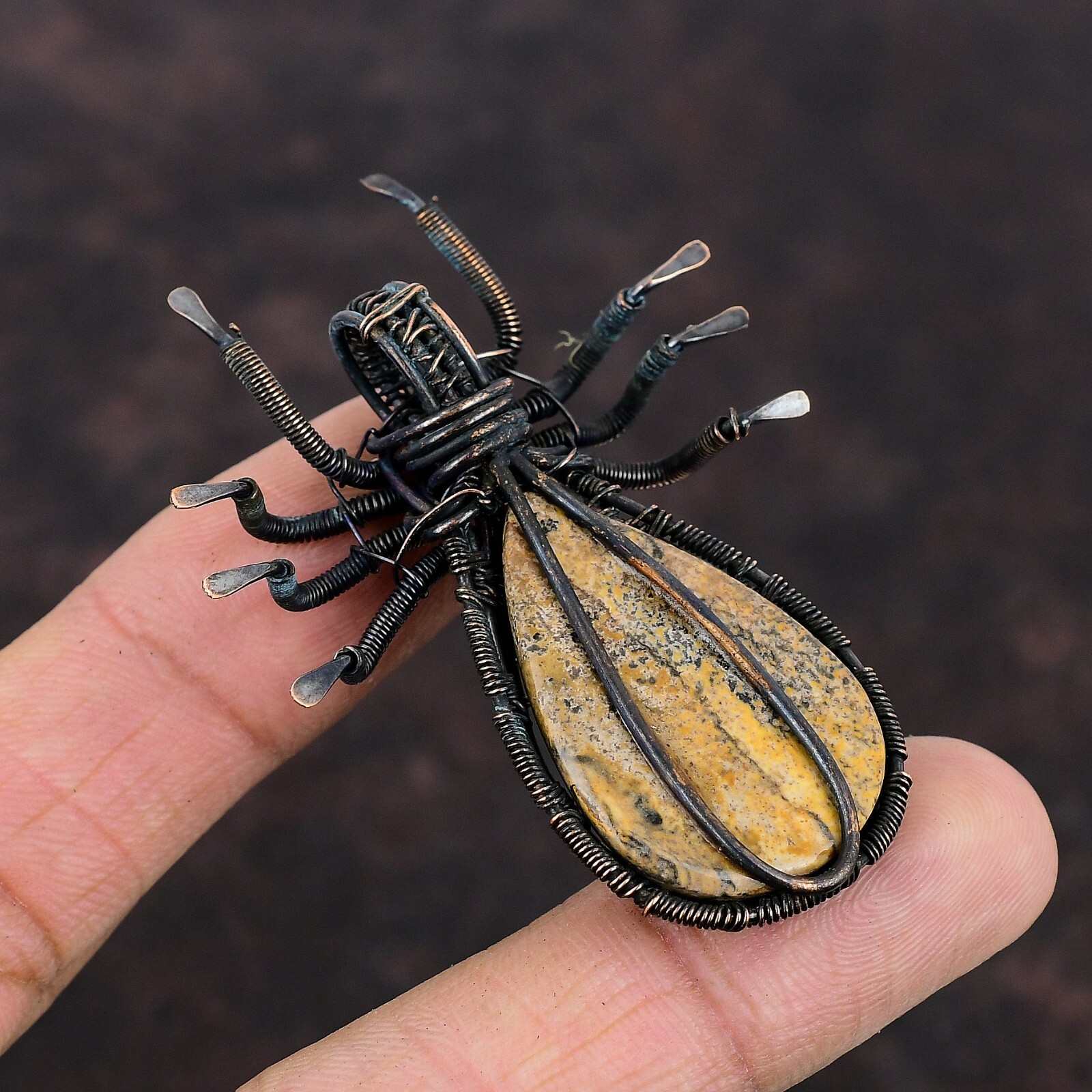 Picture Jasper Wire Wrapped Spider Pendant Handcrafted Copper Partywear 2.44″