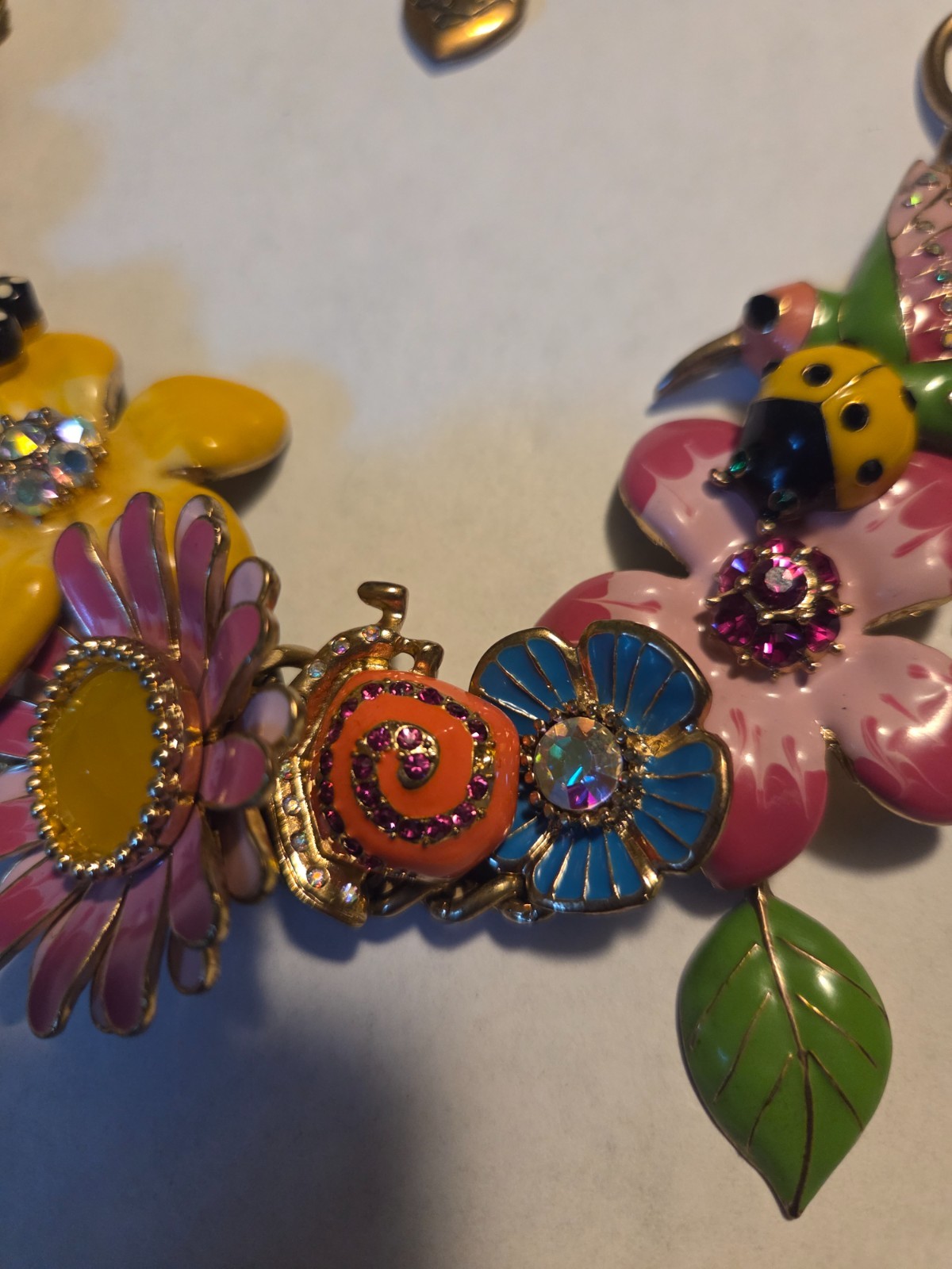 Betsy Johnson Floral Enameled Crystal Hummingbird Flower Ladybug Necklace