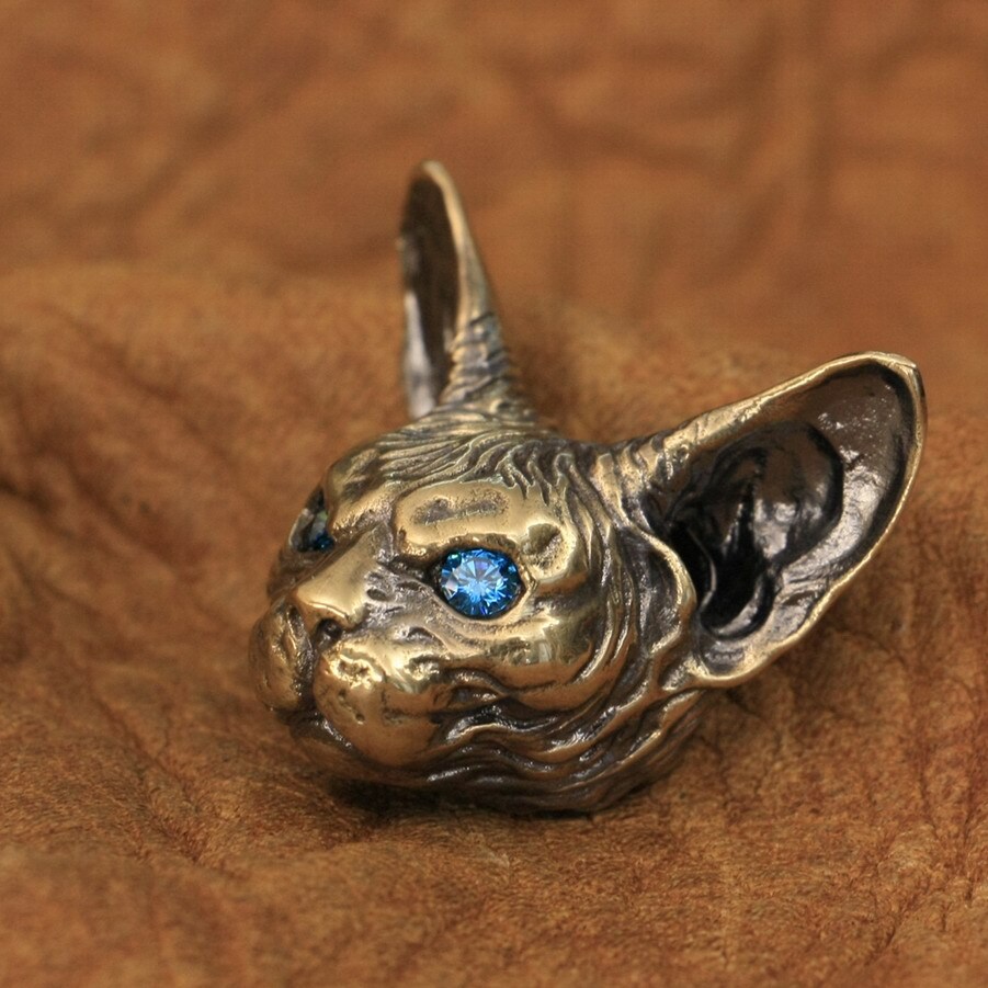 Good Details Blue Eyes Brass Sphynx Cat Pendant Punk Animal Jewelry BR113A