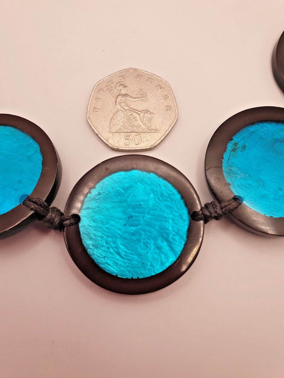 Artisan Studio Blue Dyed Shell Acrylic Disc Round None Metal Statement Necklace