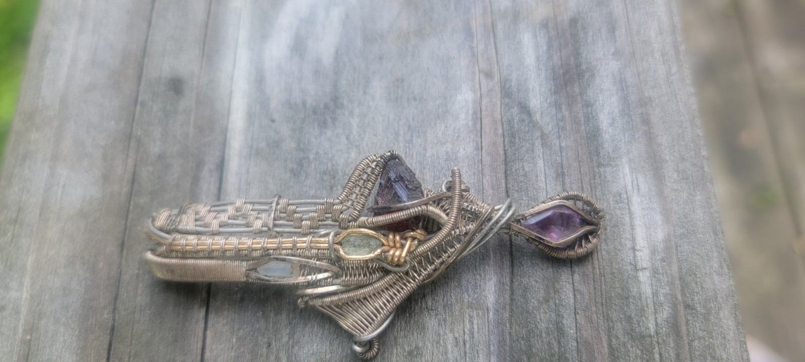 Handmade Wire Wrap Rare Crystals Amethyst, Garnet, Moldavite Center