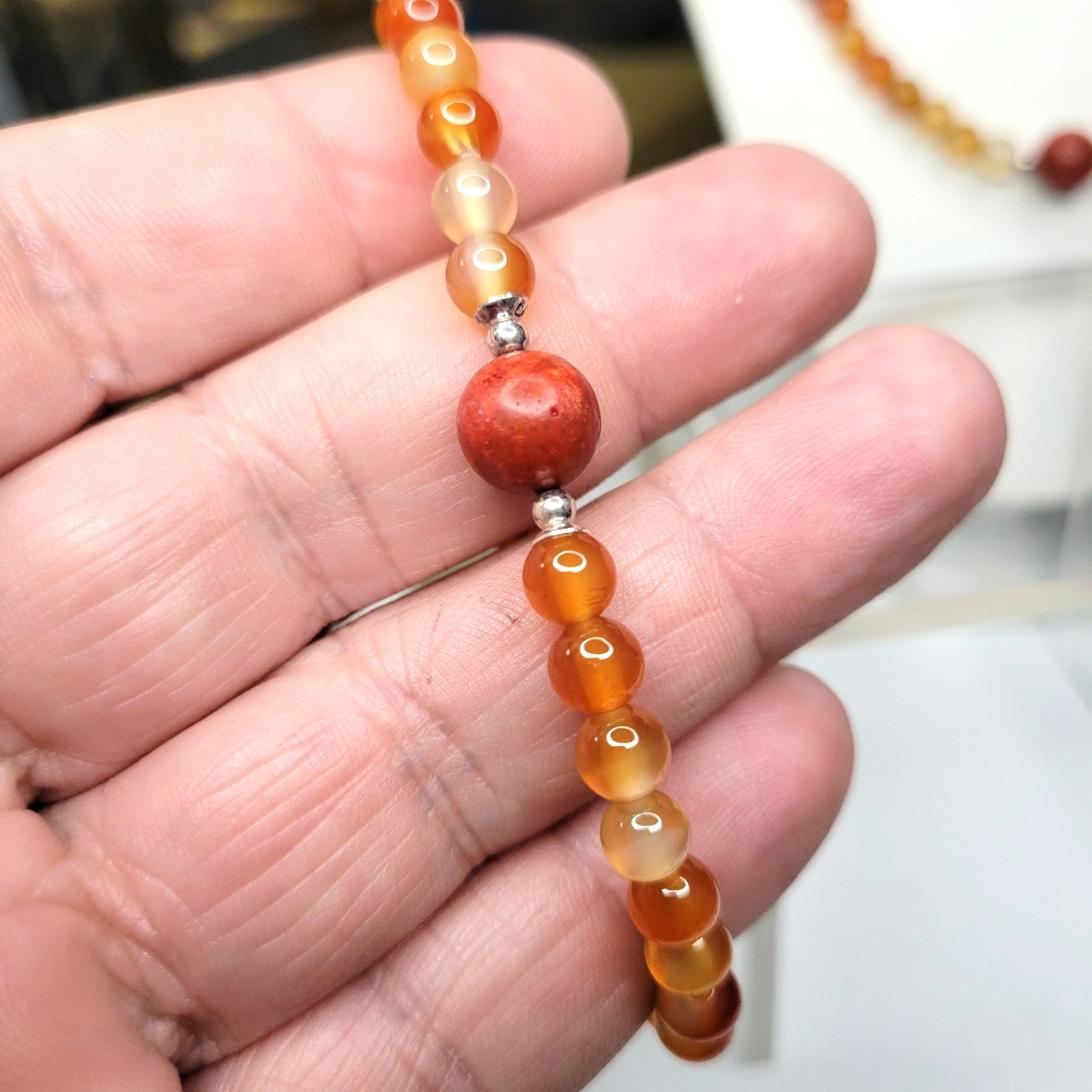 JTV 925 Carnelian Agate Gemstone Bead 18″ Necklace Bracelet 7.5″ Set Sterling