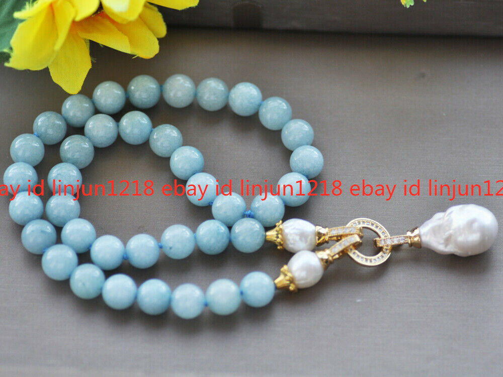 Natural 10mm Round Blue Amazonite White Keshi Pearl Pendant Beads Necklace 22”