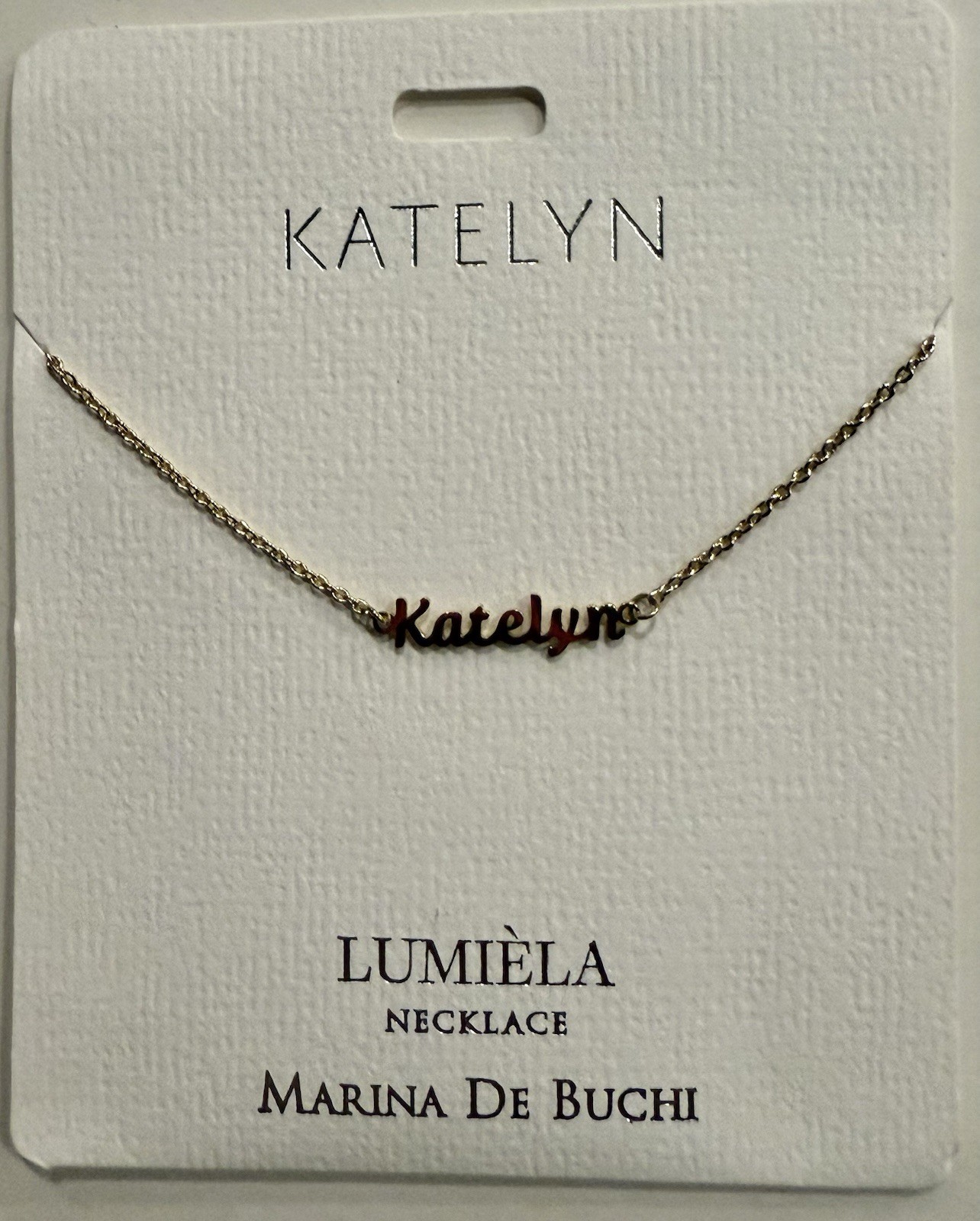KATELYN LUMIELA NAME NECKLACE MARINA DE BUCHI ADJUSTABLE LENGTH NICKEL FREE