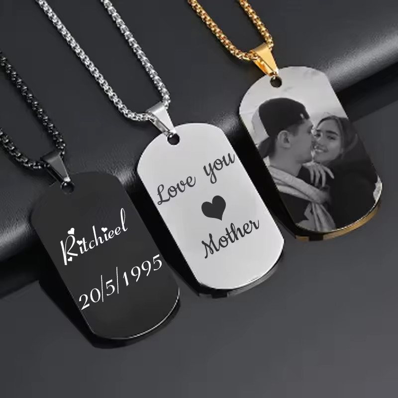 Custom Name Photo Dog Tag Pendant Necklace Men Women Jewelry Gold Silver Black