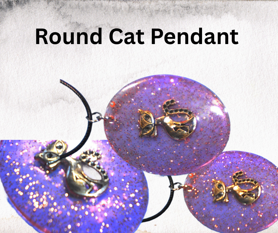 Handmade Cat Resin Pendant Necklace Round Black Cord 18″ Cute Gift for Cat Lover