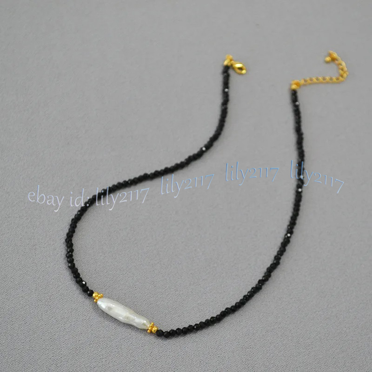 3mm Faceted Black Spinel Round Gems Natural White Baroque Stick Pearl Necklace