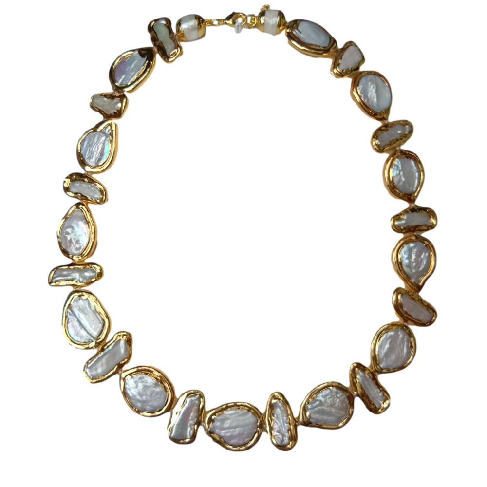 19″ Freshwater Cultured White Biwa Pearl Coin Pearl Gold plated Necklace