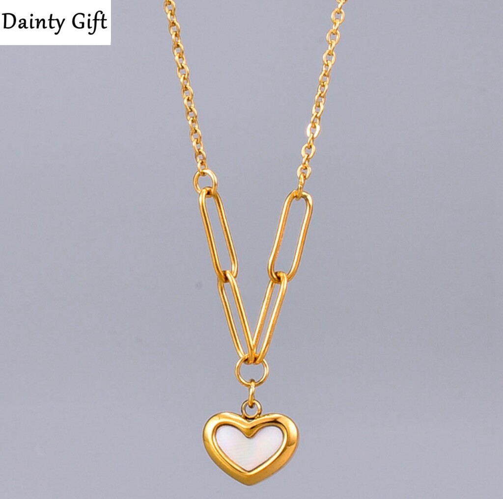 Women Girl Titanium Stainless Steel Seashell Heart Necklace 16-18″ Non Tarnish
