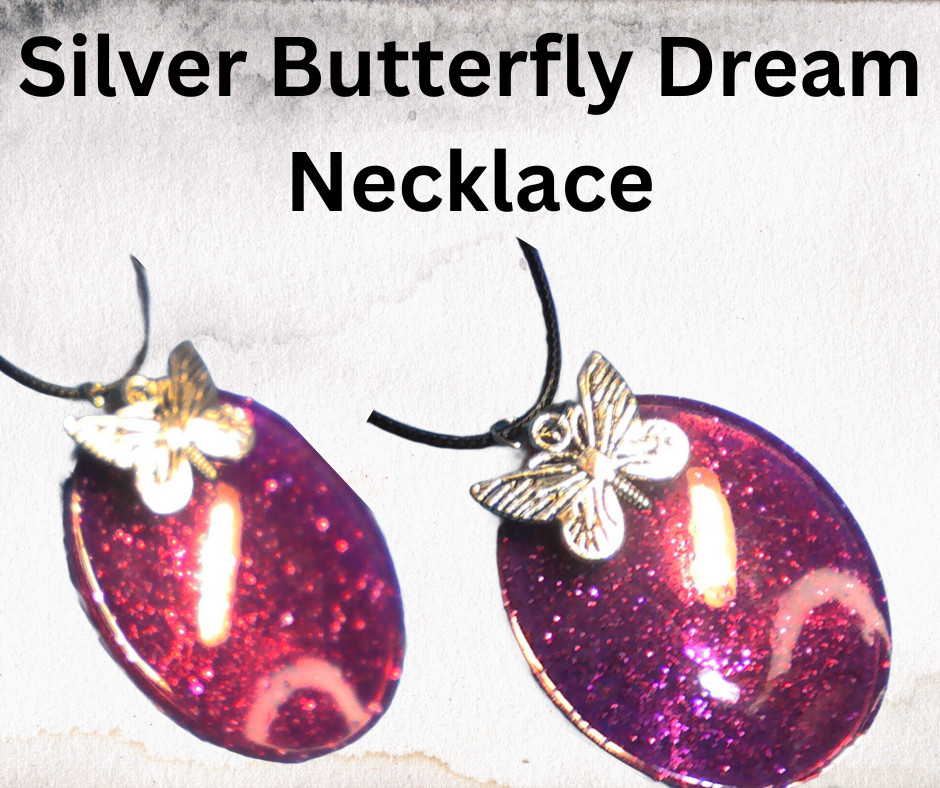 Handmade Oval Butterfly Resin Pendant Necklace Glitter Silver Charm Black Cord 1