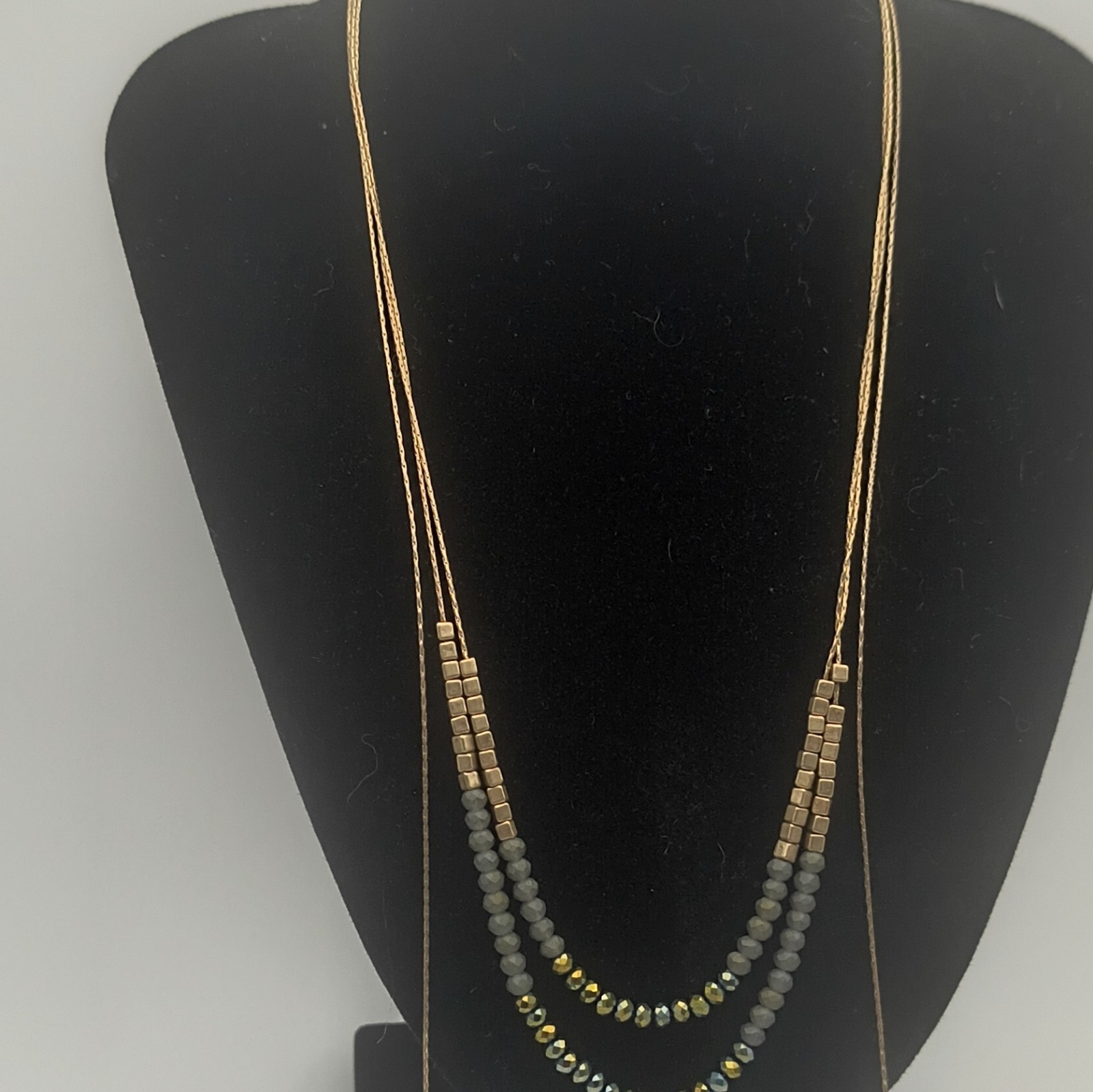 Gold Tone Layered Cable Chain Necklace Gray Round Crystal Beaded Adjustable