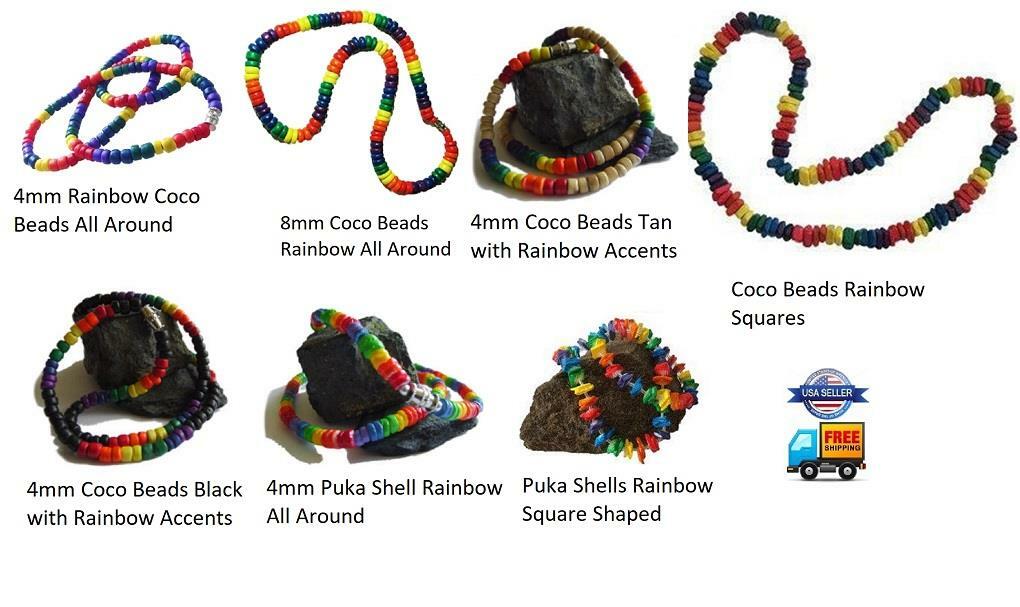 18 Inch Gay Pride Surfer Necklace Choker Rainbow Coco Beads Puka Shells LGBTQ