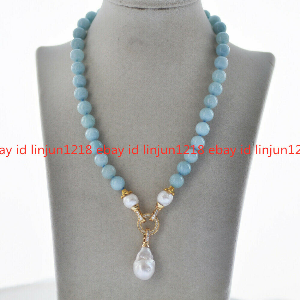 Natural 10mm Round Blue Amazonite White Keshi Pearl Pendant Beads Necklace 22”