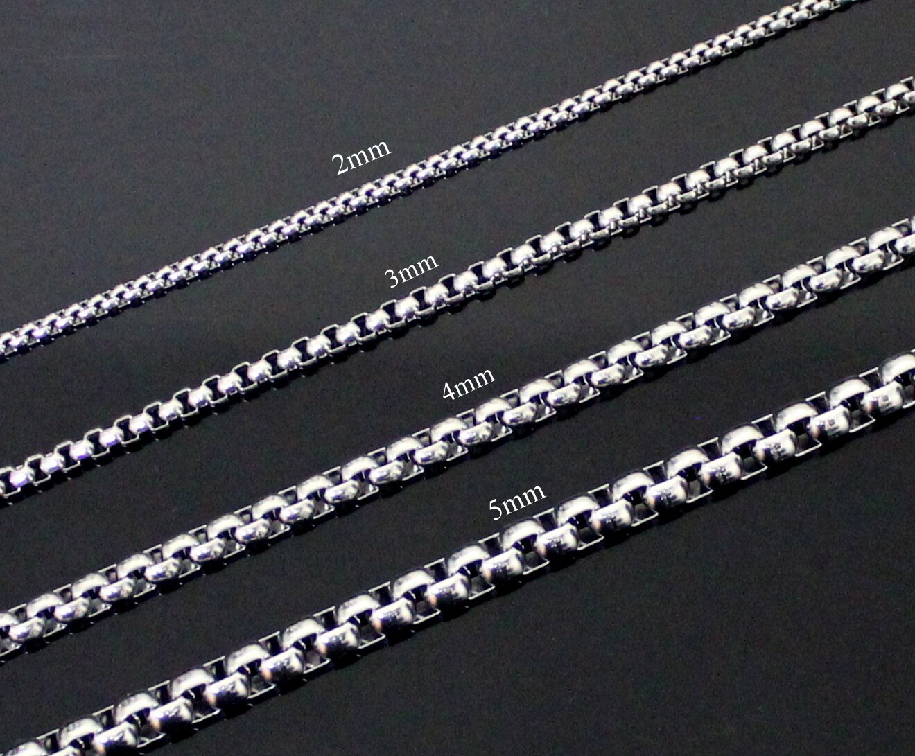 Stainless Steel Round Box 316L Chain Men Women 2mm-5mm Link Necklace 16″-26″