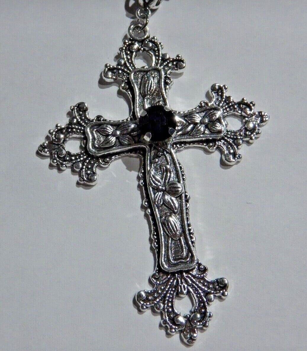 Large Gothic Cross Necklace silver-tone pendant 2.75 inches, Silver & Black