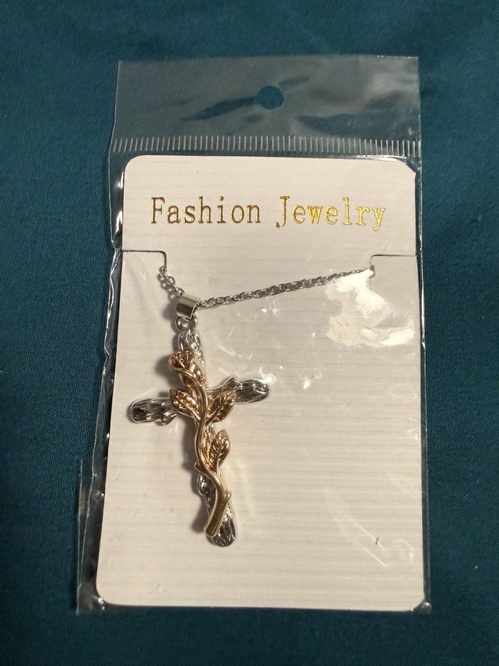 Fashion Jewelry Cross Pendant Necklace Two Tone Silver Gold Tone Rhinestone New