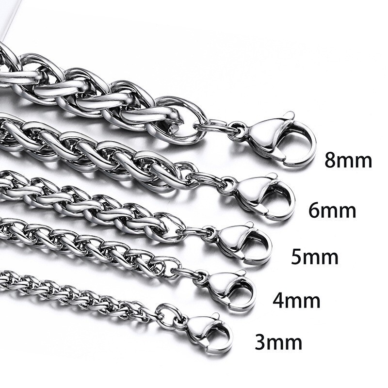 USA Stock 3/4/5mm Man Woman Stainless Steel Wheat Braided Chain Necklace