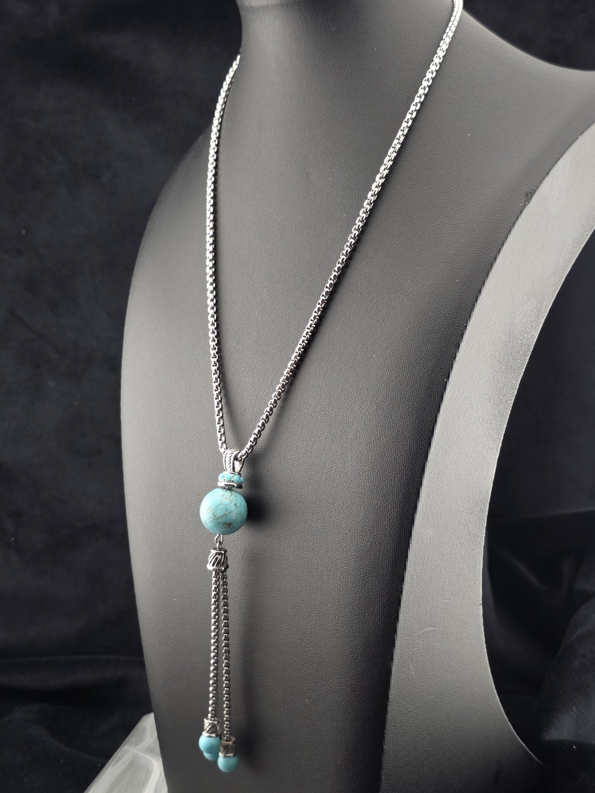 Southwestern Turquoise Tassel Pendant Necklace Heavy Silver Tone 16½” – 19½”