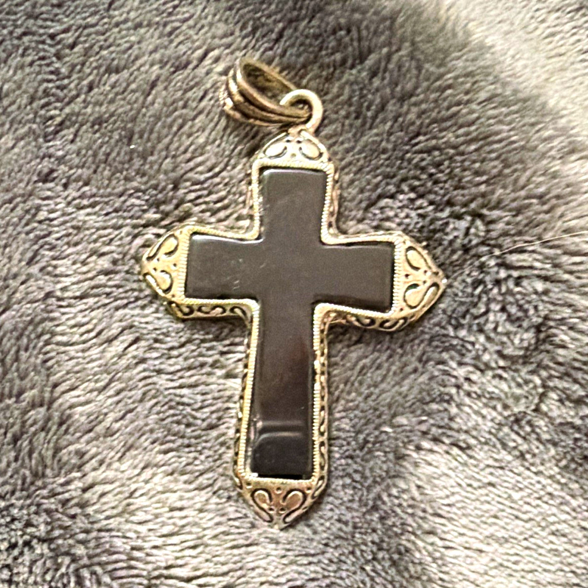 Silver Tone Cross Pendant with Black Inlay Religious Jewelry Costume Pendent