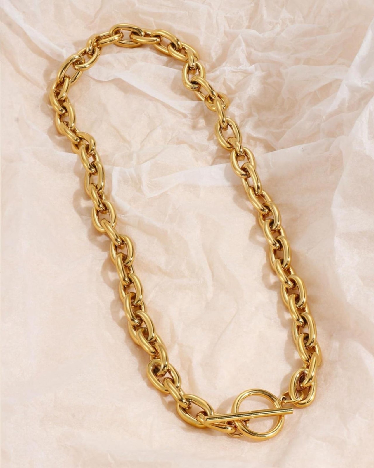 18k Gold Plated Stainless Steel Chic Chain Necklace with Toggle Clasp 011626