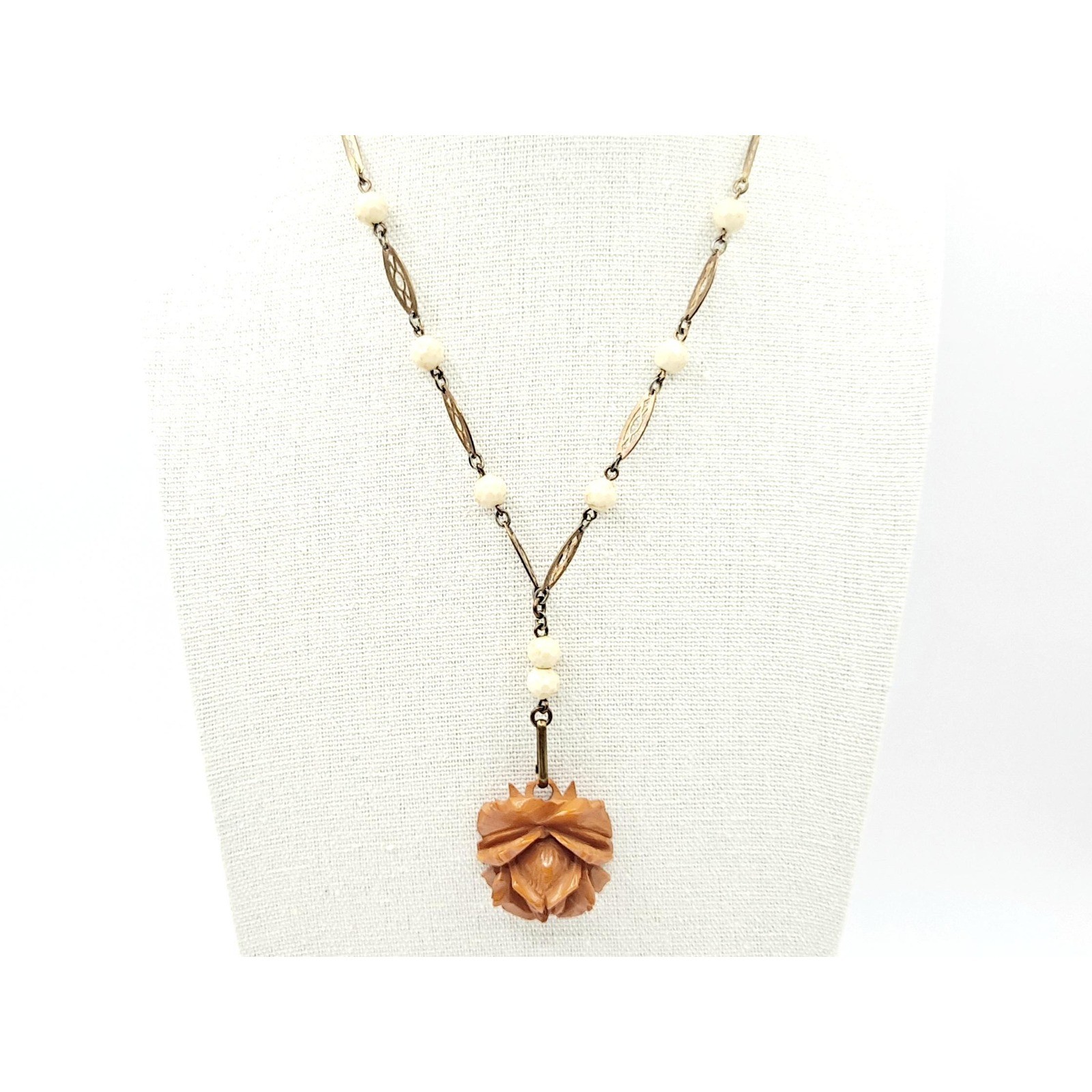 Antique Germany Bakelite Rose Necklace Brasstone Chain Links Cream Faceted Beads