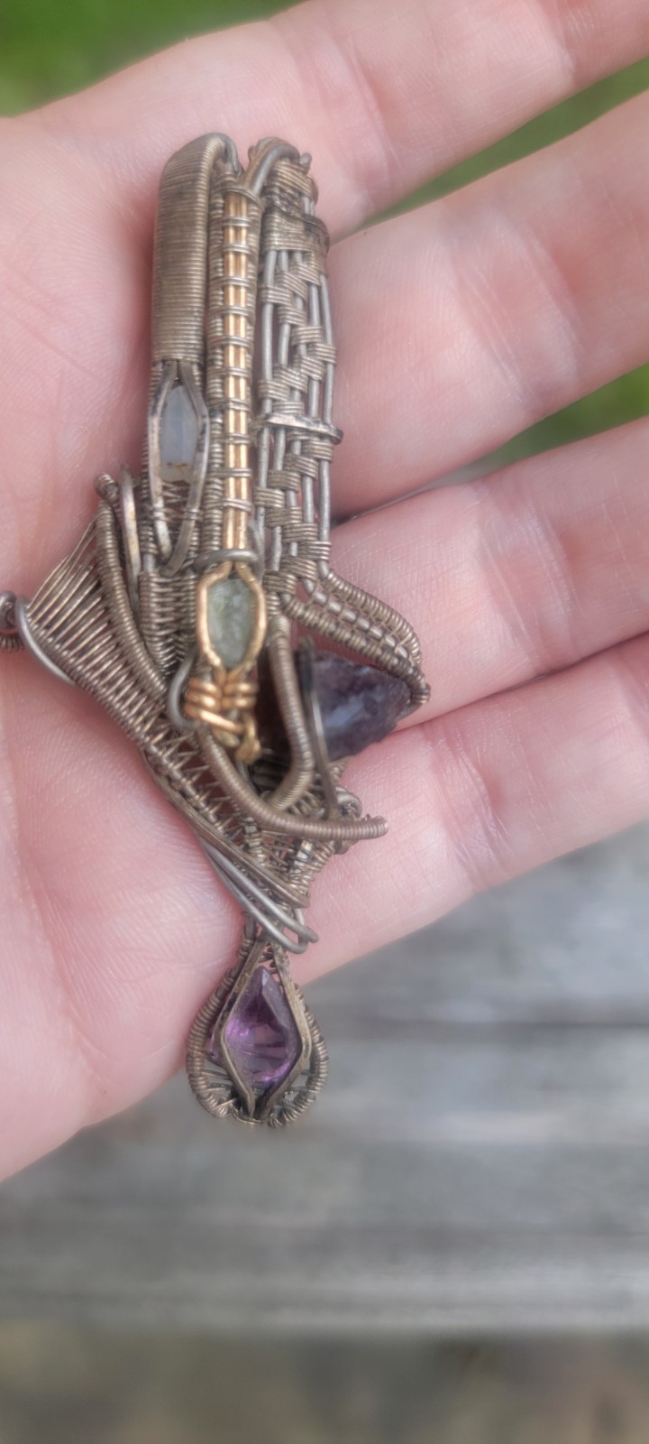 Handmade Wire Wrap Rare Crystals Amethyst, Garnet, Moldavite Center
