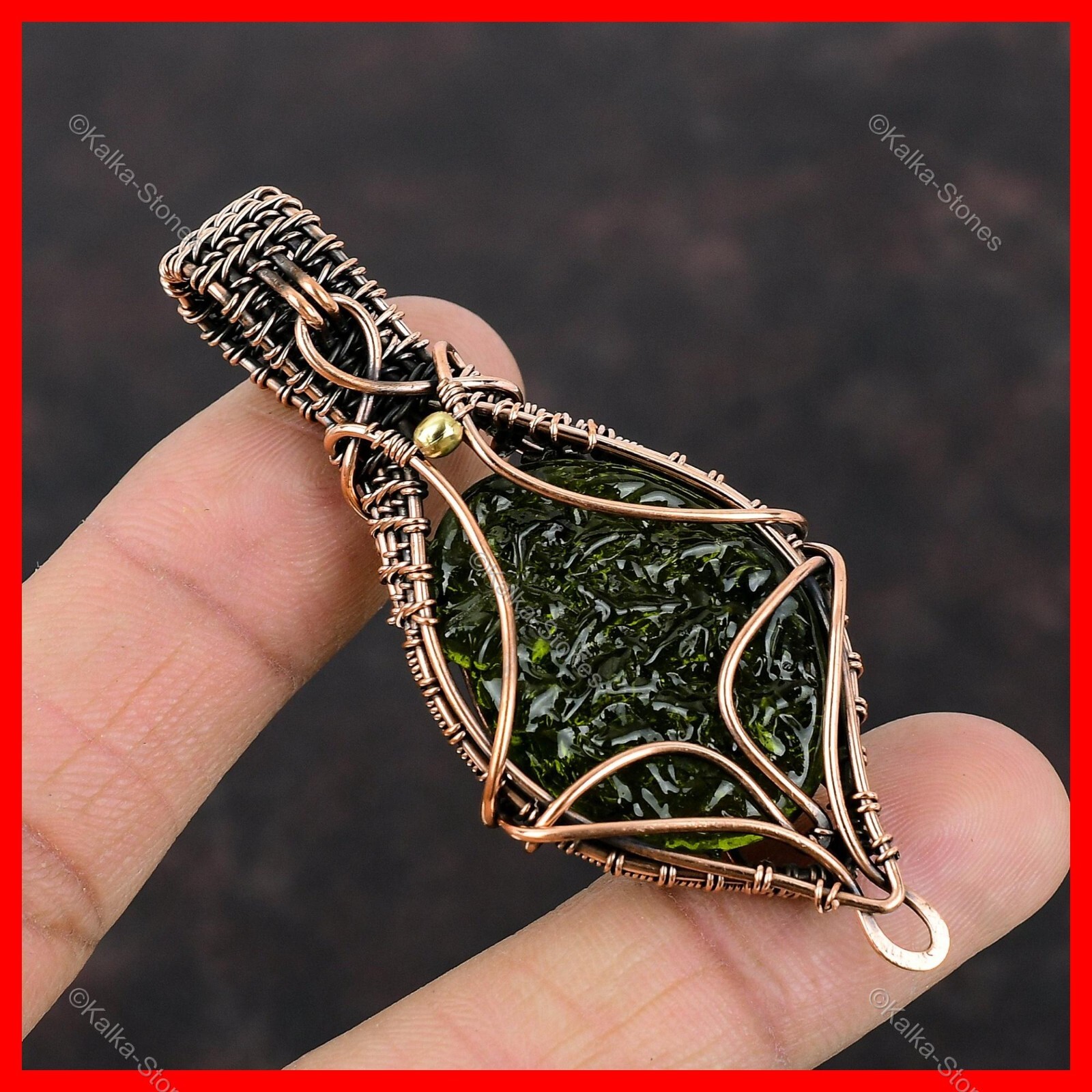 Copper Oval Moldavite Gemstone Boho Ethnic Wire Wrapped Third Eye Chakra Pendant