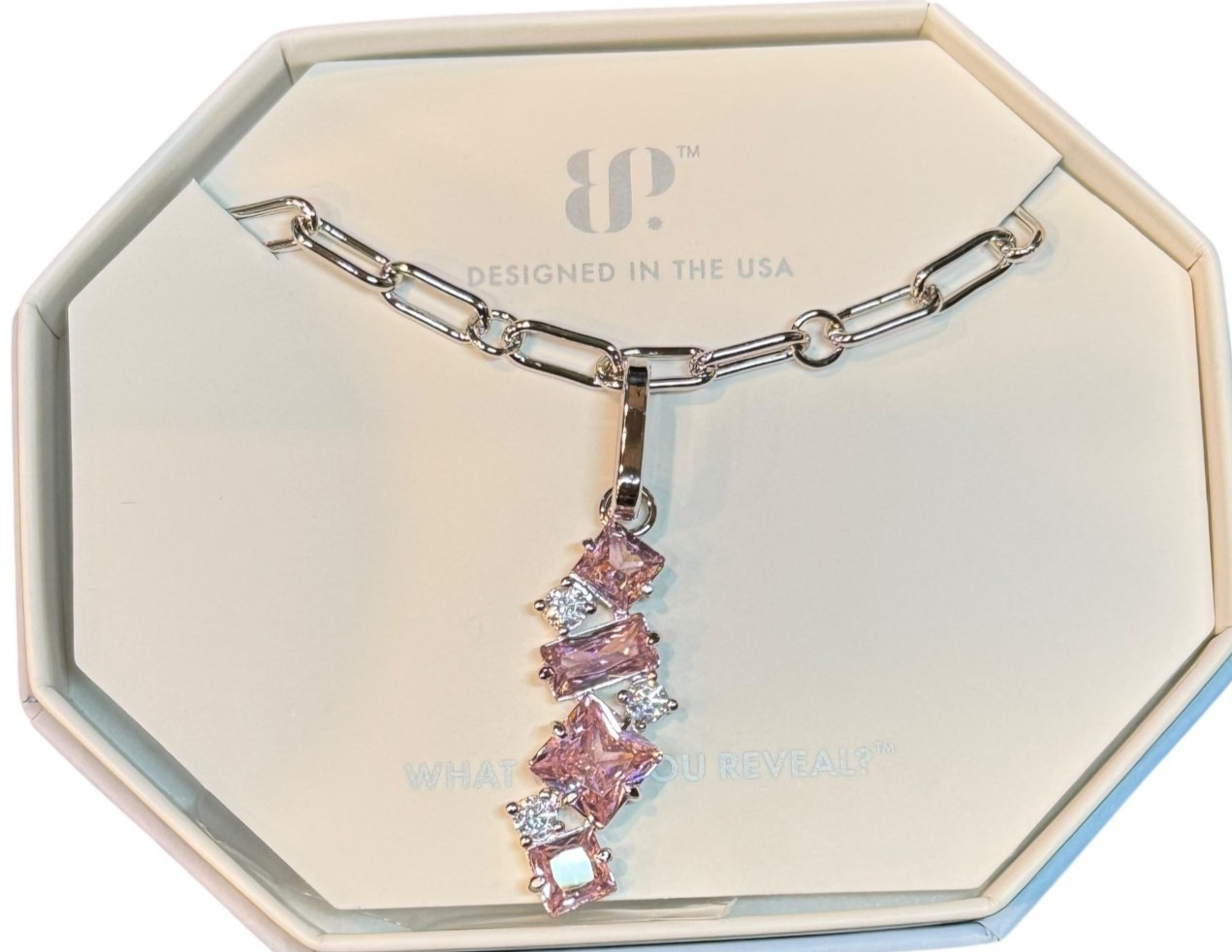 Bomb Party Necklace “Just Say Yes” Rose Quartz & CZ on Rhodium NK84196