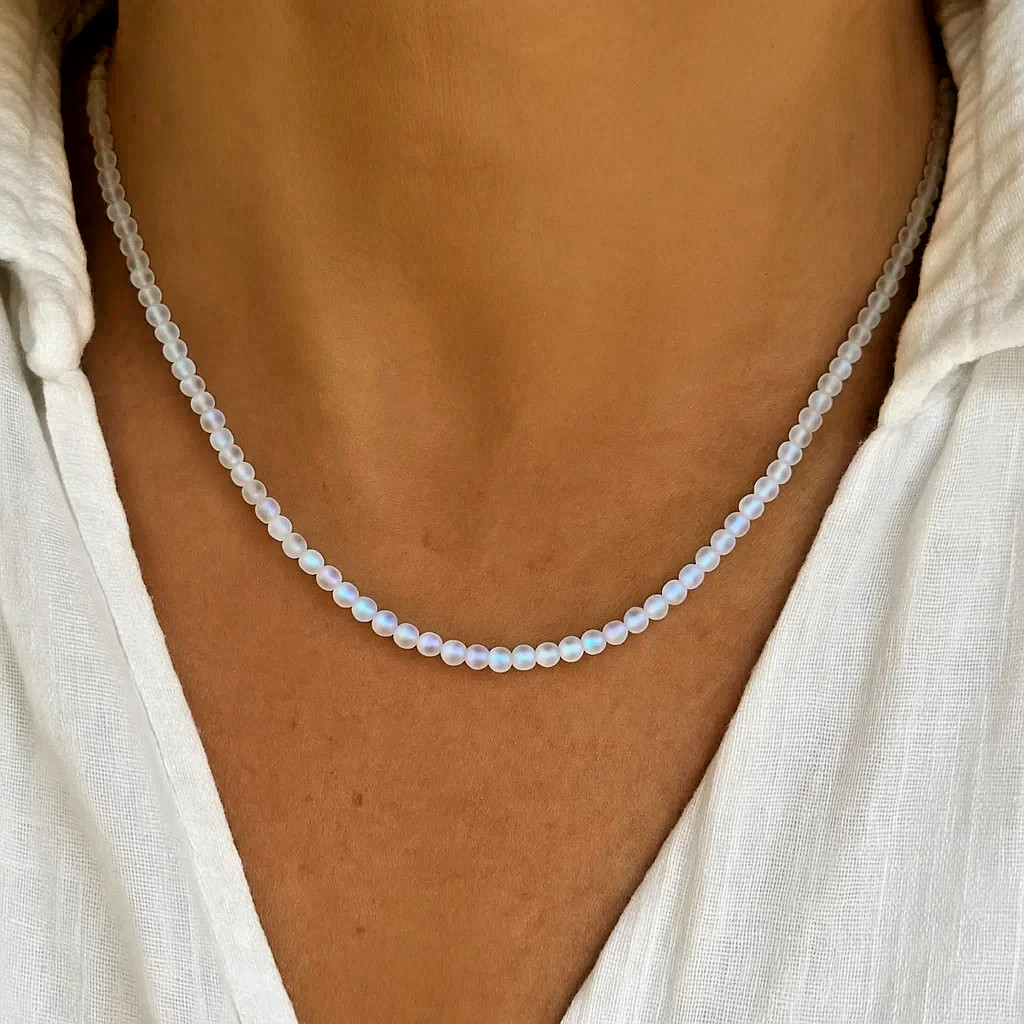 Angel Aura Quartz 4mm Bead Choker Moonstone Healing Crystal Necklace Handmade