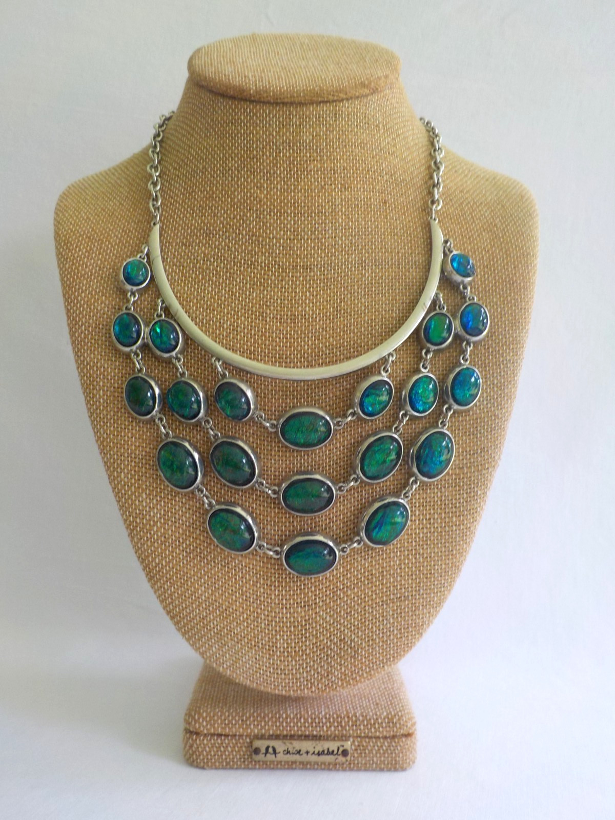 Peacock Colors Oval Necklace Plastic Silver Tone Metal Linked Layer Curved Foil