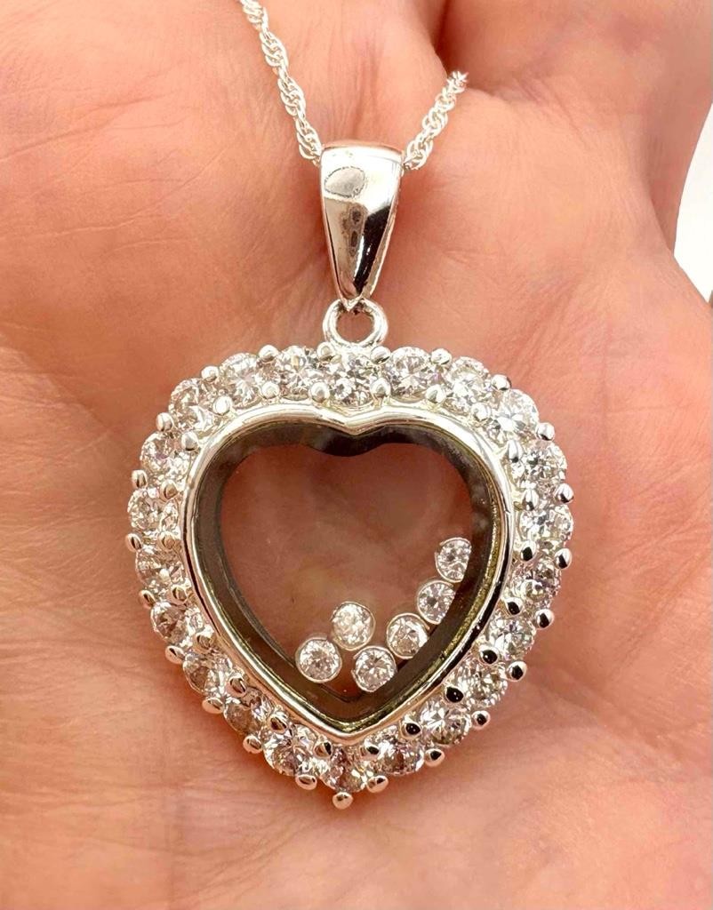 SA Silverage Designer 925 Sterling Silver CZ Floating Heart Pendant Necklace
