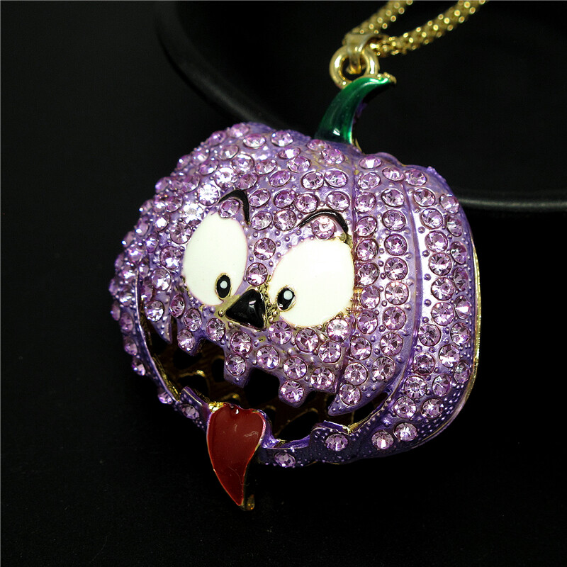Fashion Women Purple Rhinestone Halloween Pumpkin Pendant Chain Necklace Gifts