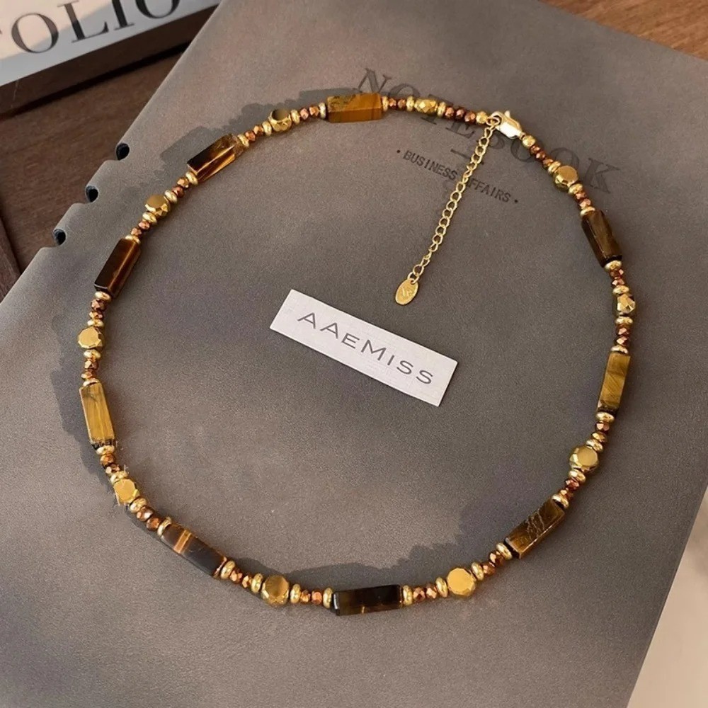 Alloy collarbone chain jewelry retro layered tiger eye stone pendant necklace