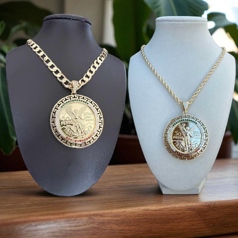 14K GP Mexican Centenario 50 Pesos CZ Pendant Figaro Rope Cuban Necklace Chain