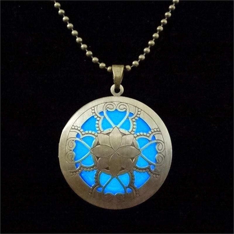 Glow in the Dark 1-1/4″ Bronze FLOWER LOCKET Pendant 23″ Necklace Luminous