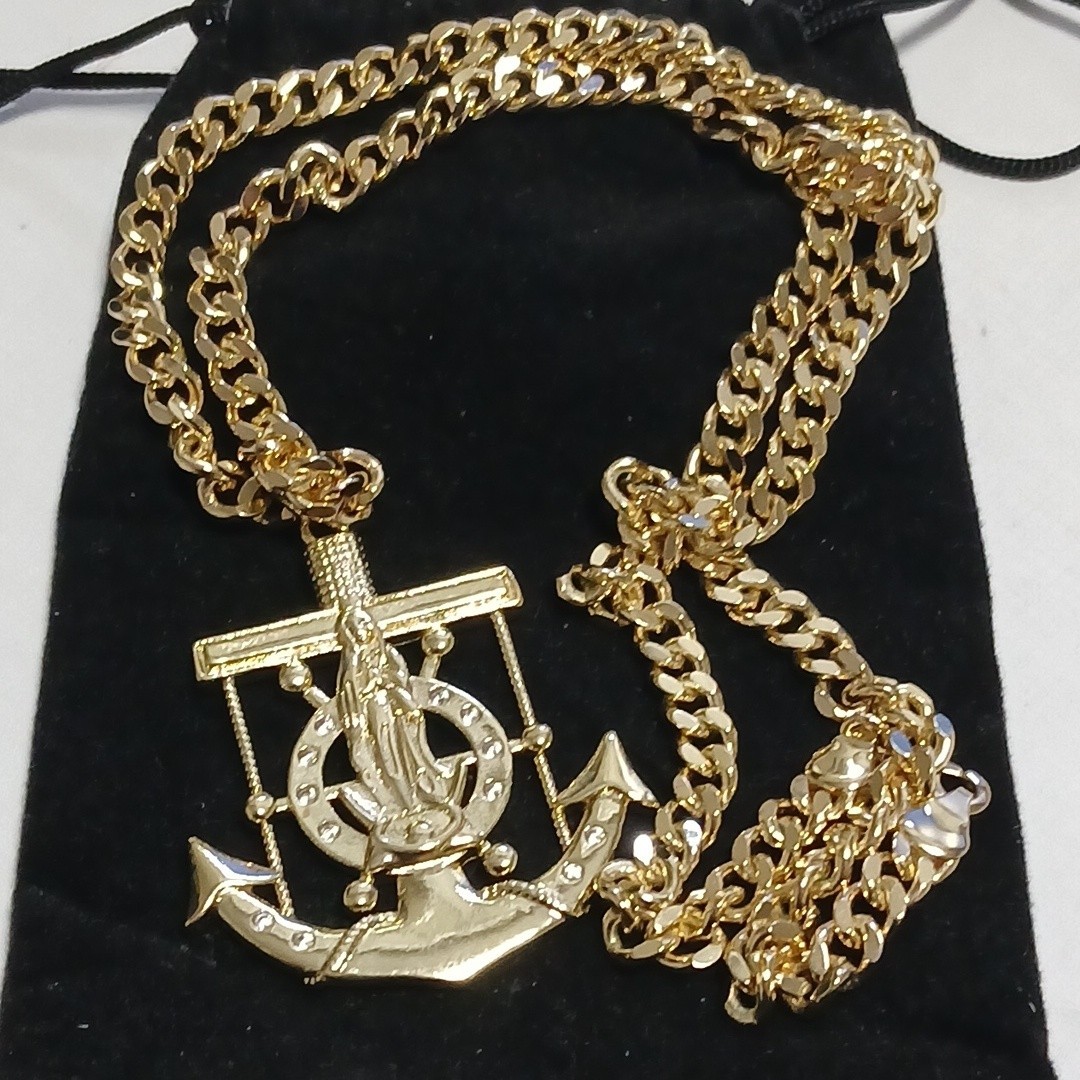 14k Heavy GF Jesus Anchor 7mm 24″Curb Chain Men Hip Hop
