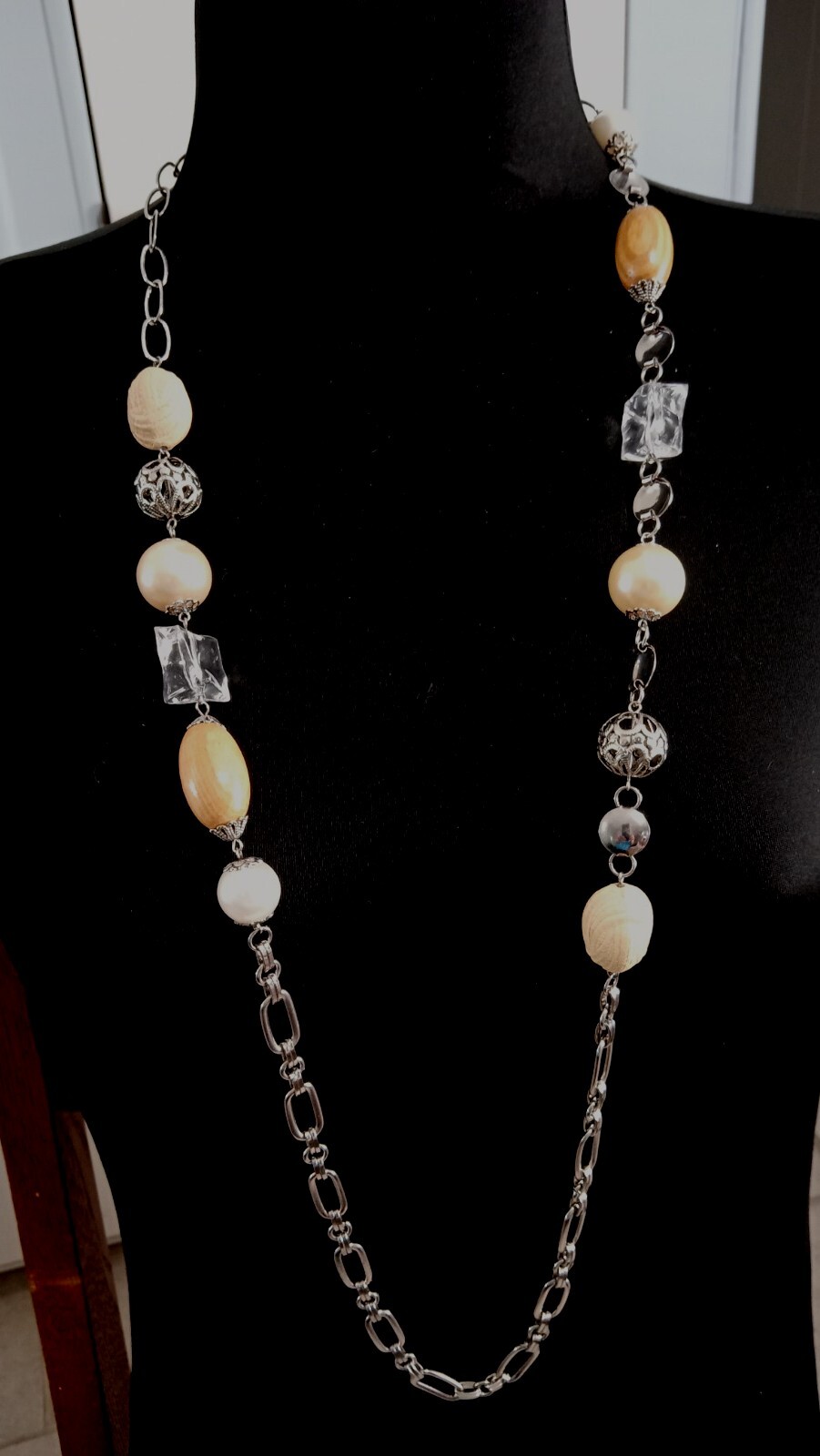🌸 Vintage Silver Tone Ivory Earth Tones 42” Beaded Long Necklace 🌸 #48