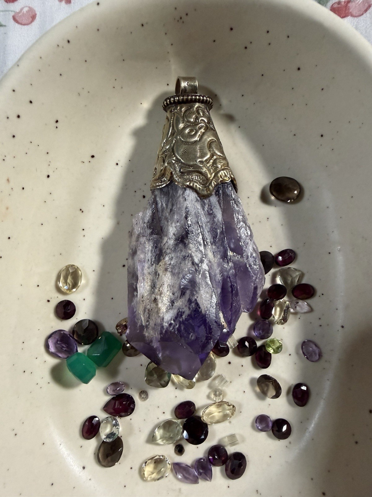 Purple Amethyst Rough Irregular Crystal Point Pendant Charm w/ Silver-Tone Cap