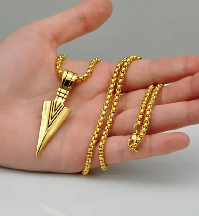Gold Arrowhead Mens Arrow Pendant Necklace 24″ Chain – Native American Style