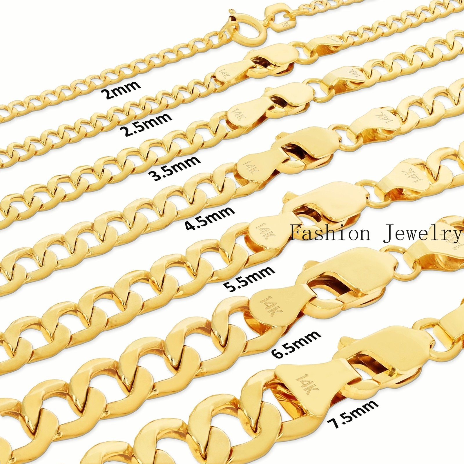 14K Yellow Gold 2mm-7.5mm Curb Cuban Chain Link Pendant Necklace Bracelet 7″-30″