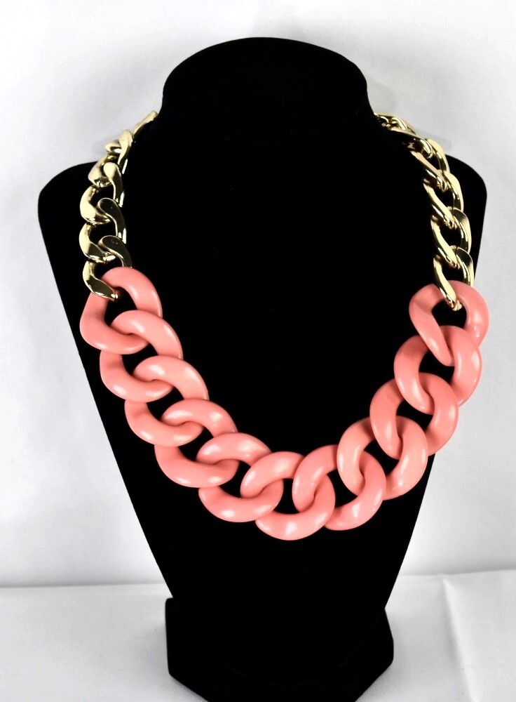 Statement Necklace Coral Orange Chunky Interlocking Plastic Beads Metal Chain