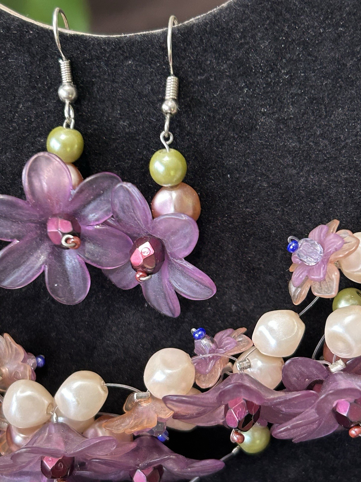 Floral Acrylic Necklace Earrings Faux Pearls Fairy Lavender Rhinestones