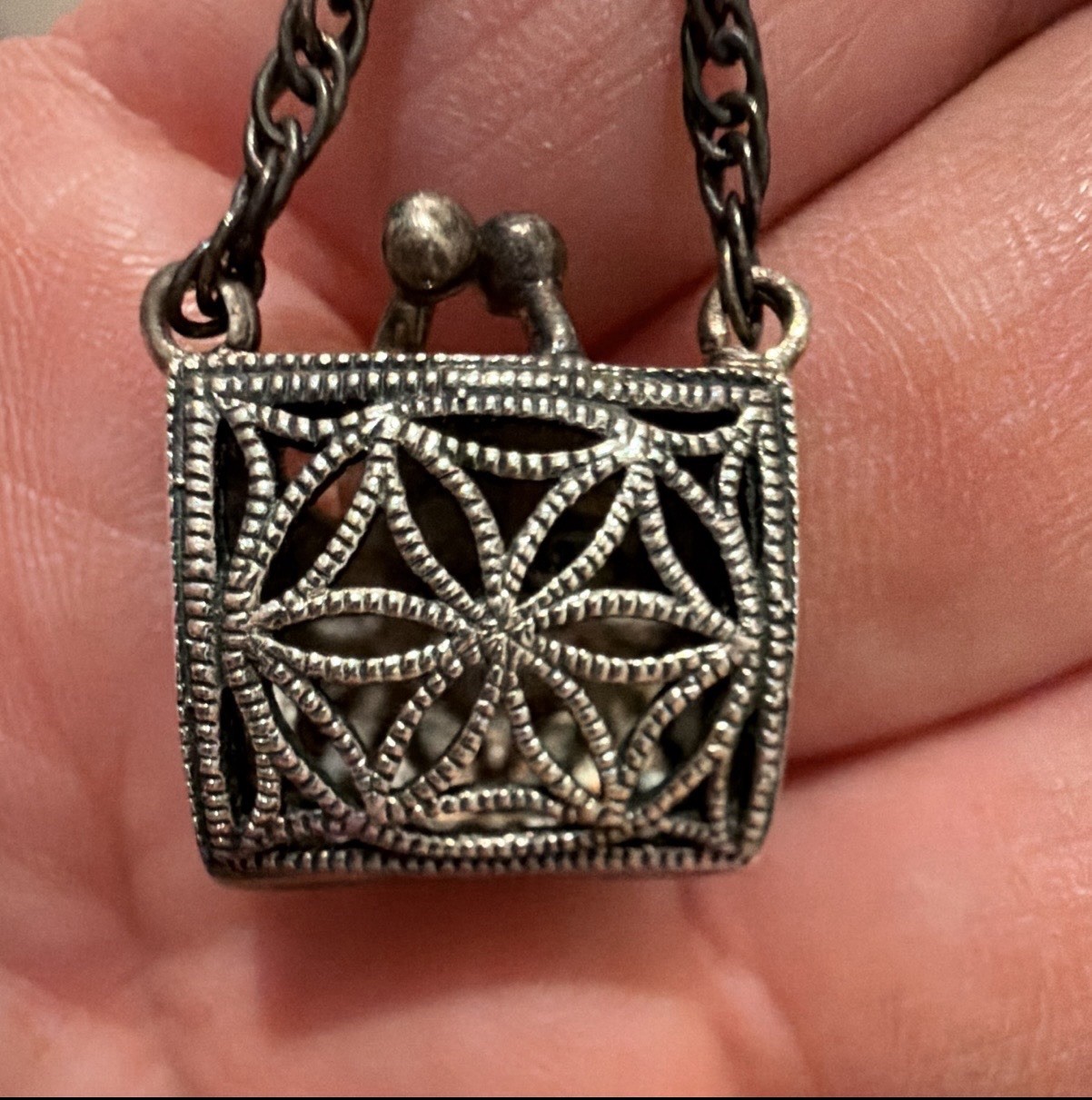 Silver Tone Square Marcasite Locket Pendant Necklace, Rope Chain, Love Theme