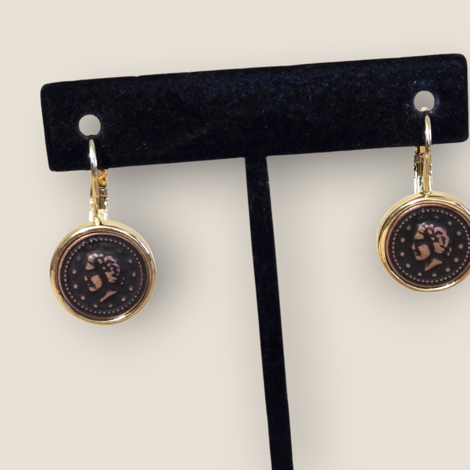 Gold Plated Toggle Necklace 17″ & Bronze Coin Enhancer Pendant & Coin Earrings