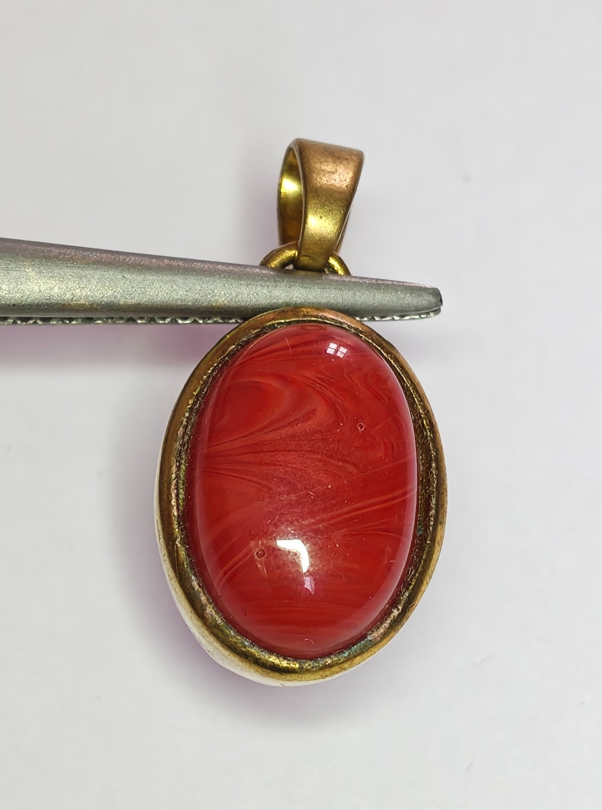 Oval Red Coral Swirl Cabochon Pendant in Brushed Gold Bezel Jewelry for Unisex