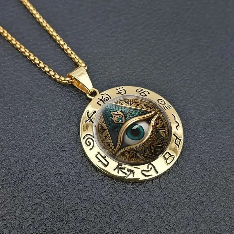 Ancient Egyptian Talisman: Eye Pattern Glass & Hieroglyphic Zinc Alloy Pendant