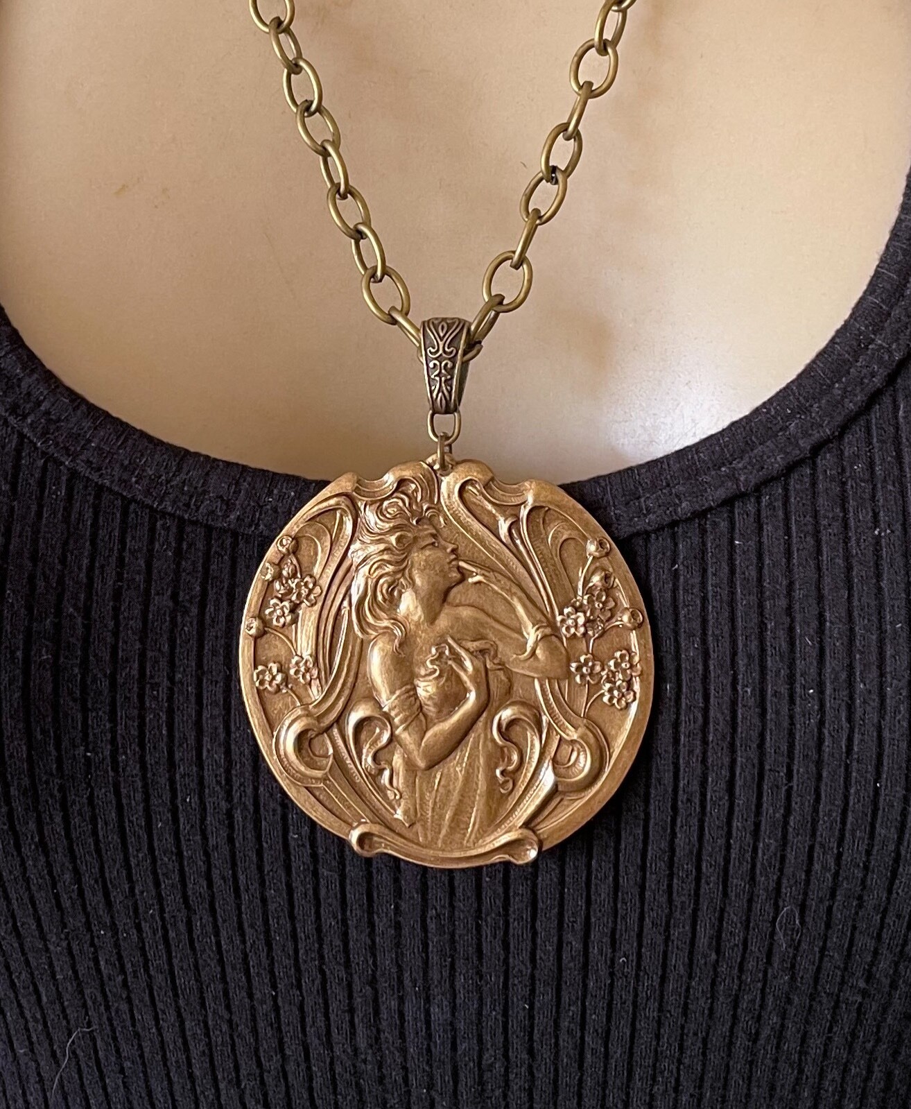 Freya Necklace Art Nouveau Goddess Huge Brass Pendant Art Nouveau Jewelry