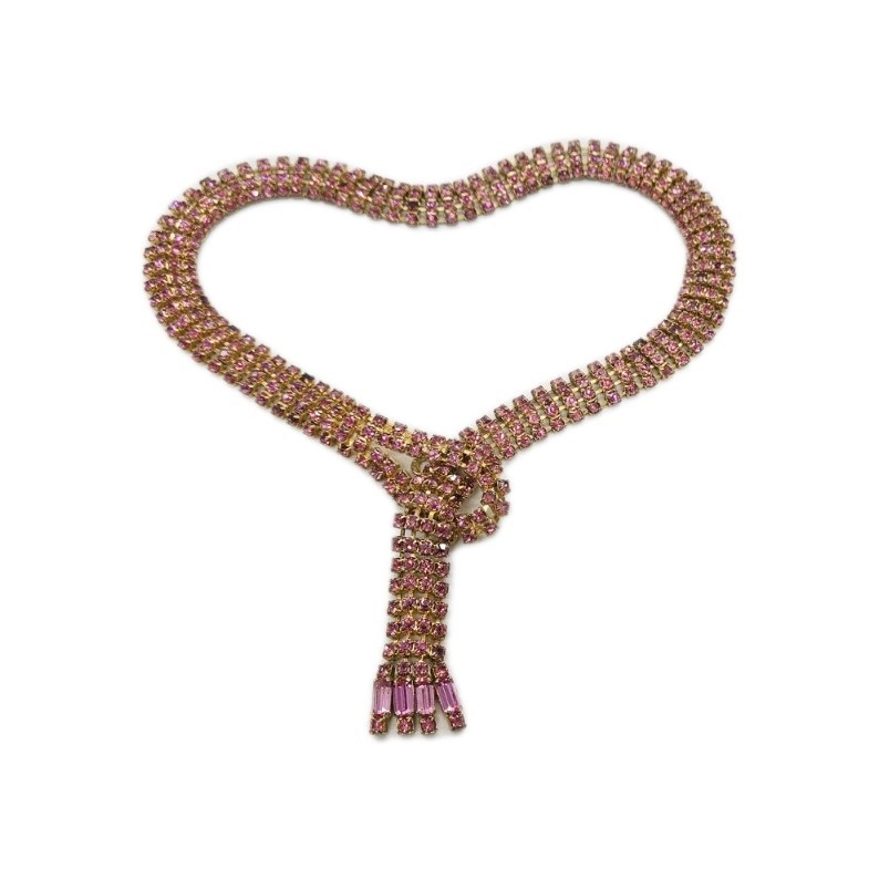 Pink Crystal Knot Lariat Necklace Y drop Gold tone Art Deco Vintage Rare