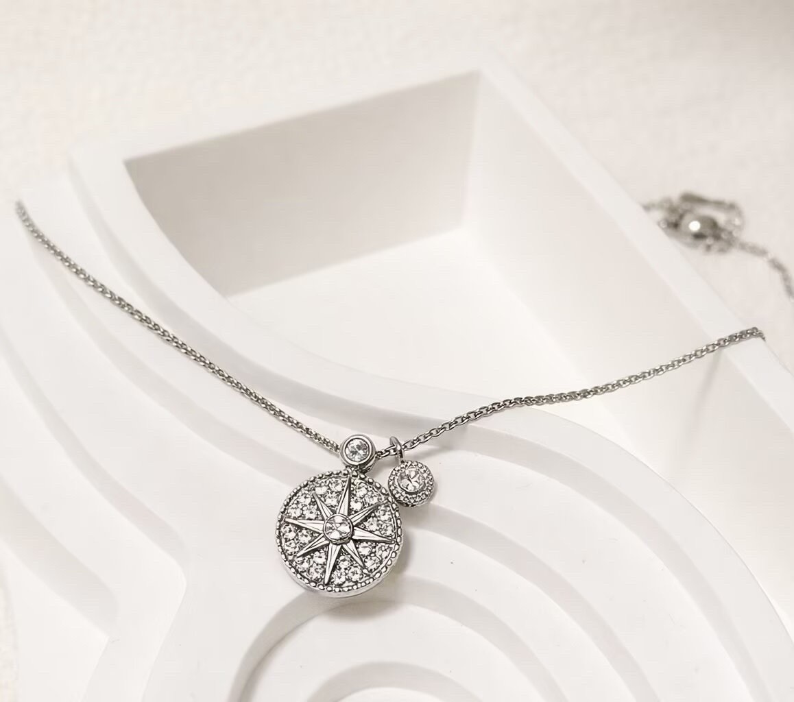 Women Girls 925 Sterling Silver Compass Necklace,CZ Star Pendant 045